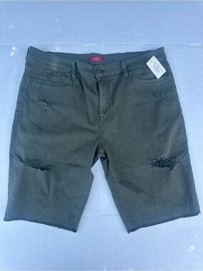 GUESS Men's Olive Green Distressed Denim Shorts